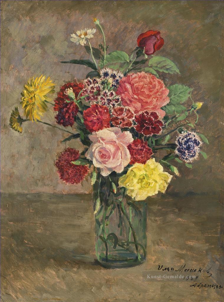 STILLLEBEN MIT ROSES UND CARNATIONS IN EINEM GLAS JAR Ilja Maschkow Blumen Impressionismus Ölgemälde